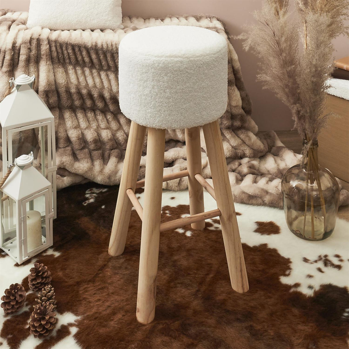 STOŁEK BOHO Freya biały/naturalny 68 cm barowy