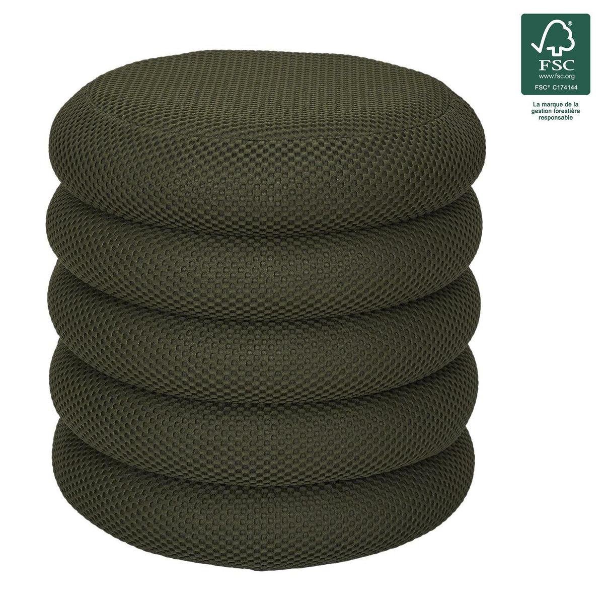 Pufa ze schowkiem Atom khaki okrągła tapicerowana do salonu i sypialni Intesi 42 cm