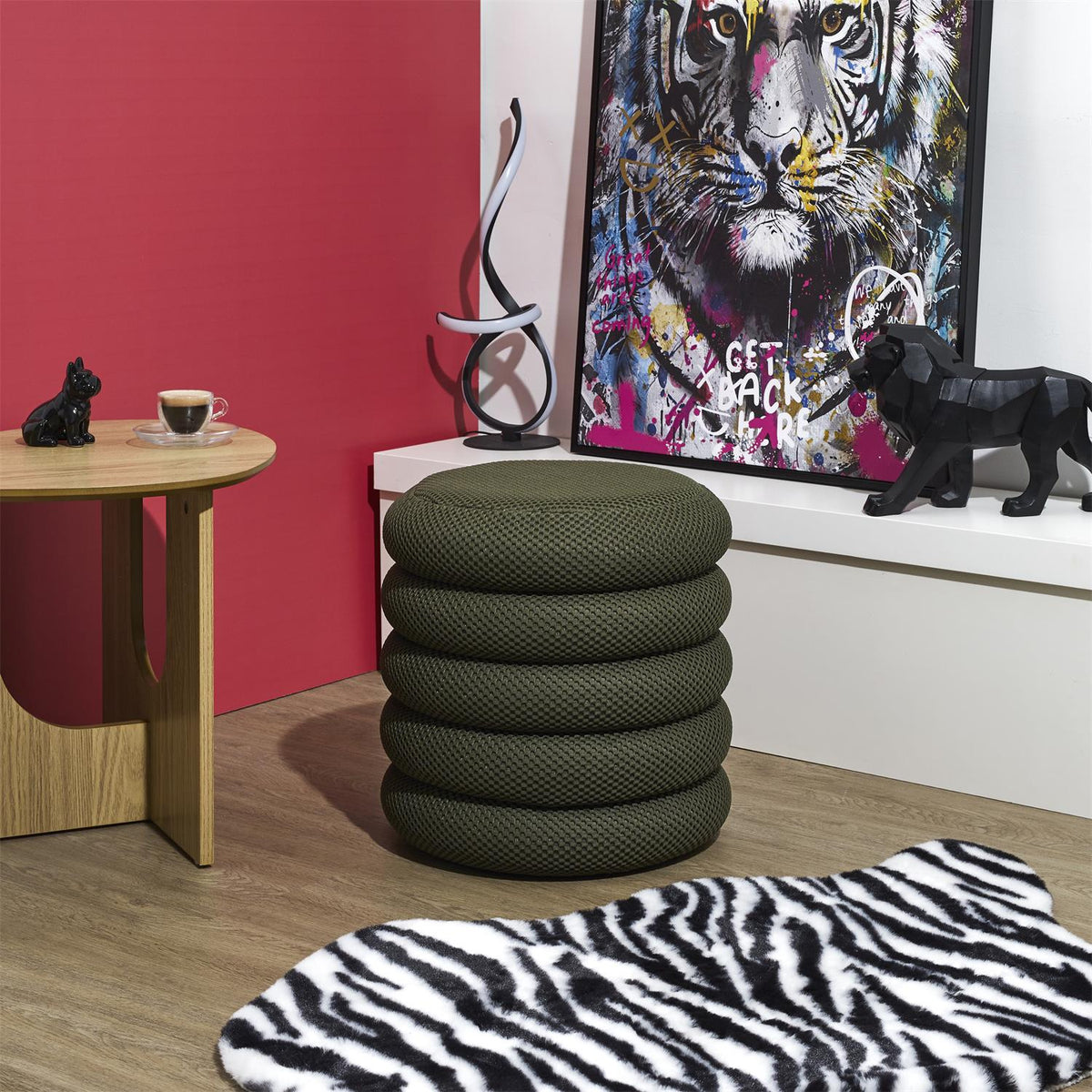 Pufa ze schowkiem Atom khaki okrągła tapicerowana do salonu i sypialni Intesi 42 cm
