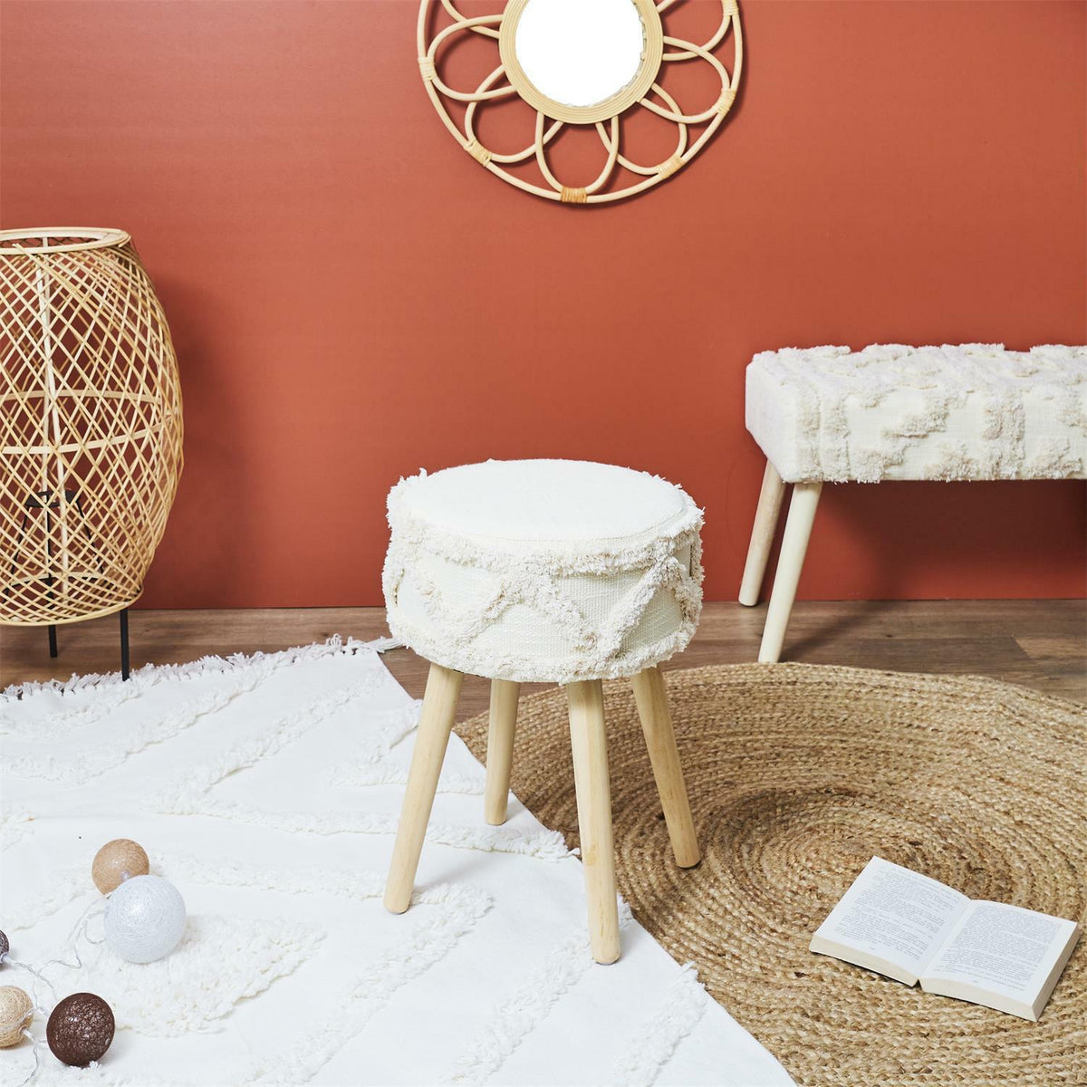 STOŁEK BALI Styl BOHO Naturalny tapicerowany