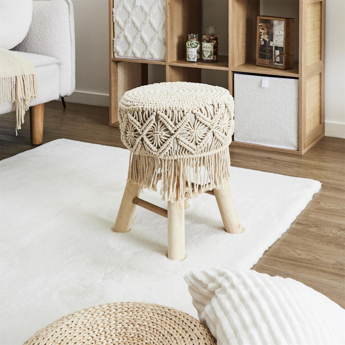 TABORET Boho PLECIONY niski OKRĄGŁY 32x42cm sosna